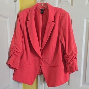 new directions Coral-Red Ruched Sleeve Blazer